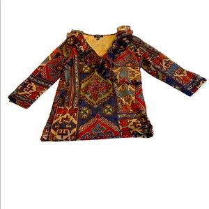 Ruffle sheer multicolor southwest Aztec blouse XL